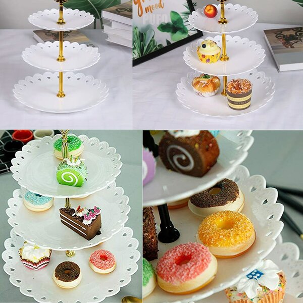 Fructiera etajata Pufo Cookies cu 3 niveluri, pentru prajituri, torturi, fructe, aperitive, 34 x 27 cm, alb