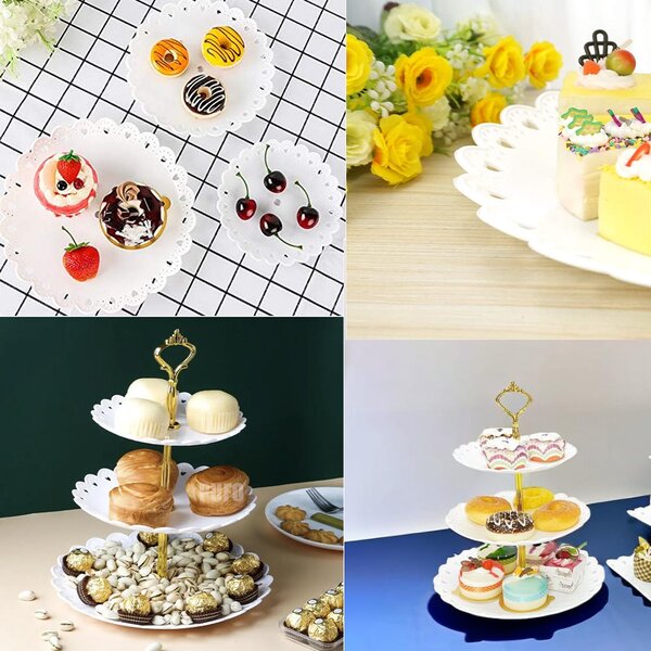 Fructiera etajata Pufo Cookies cu 3 niveluri, pentru prajituri, torturi, fructe, aperitive, 34 x 27 cm, alb