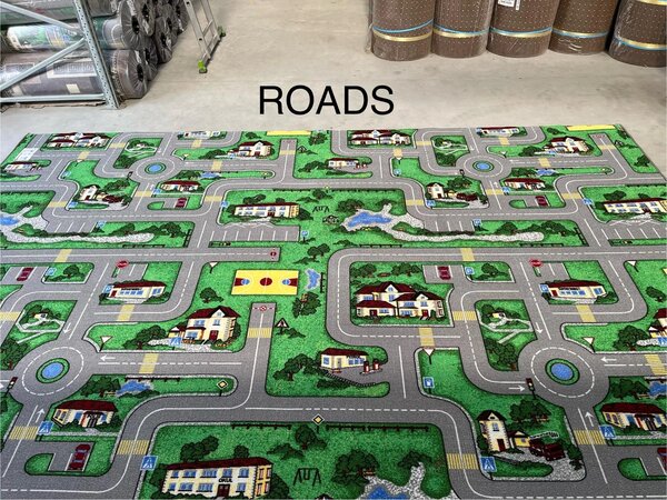 Traversa pentru Copii Roads, Tesatura Plata, Latime 1m, Marime 100 x 300 cm, Verde, Festonata Surfilata Tivita, Antialergica, Polipropilena