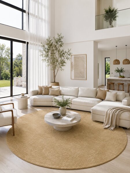 Covor Rotund Belgian Fargo 71501-800, Marime 120 x 120 cm, Mustar, Inaltime Fir 7 mm, Antialergic, Polipropilena, Living, Dormitor, Sufragerie, Copii