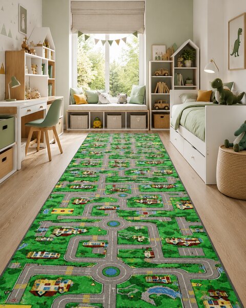 Traversa pentru Copii Roads, Tesatura Plata, Latime 1m, Marime 100 x 300 cm, Verde, Festonata Surfilata Tivita, Antialergica, Polipropilena
