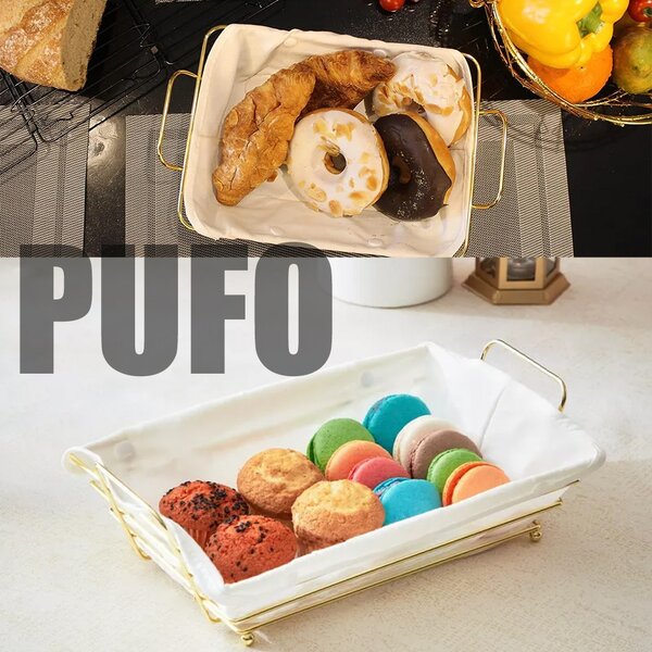 Cos metalic dreptunghiular Pufo de bucatarie pentru servire paine, cu picioruse si husa detasabila textila, 26 x 19 cm, auriu