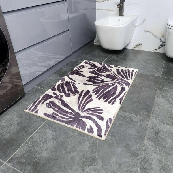 Covoraș Universal Antiderapant Plush Floral, Bej și Mov, Mărime 60 90 cm, Poliester, Grosime Totală 5 mm 60 x 90