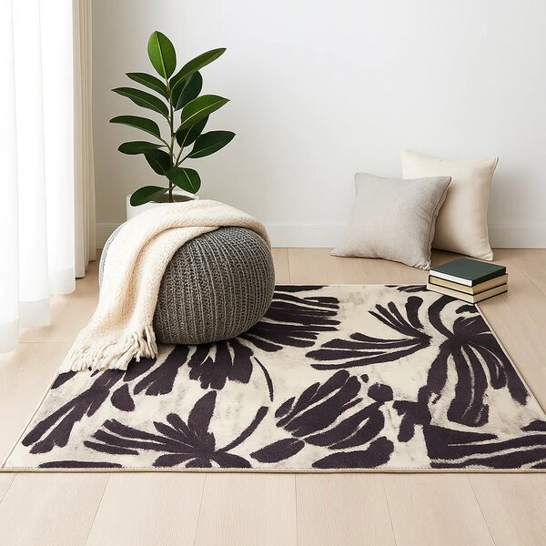 Covoraș Universal Antiderapant Plush Floral, Bej și Mov, Mărime 60 90 cm, Poliester, Grosime Totală 5 mm 60 x 90