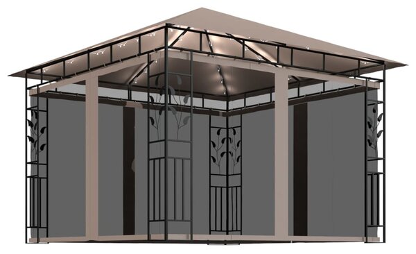 Pavilion cu plasă anti-țânțari&lumini LED,gri taupe, 3x3x2,73 m