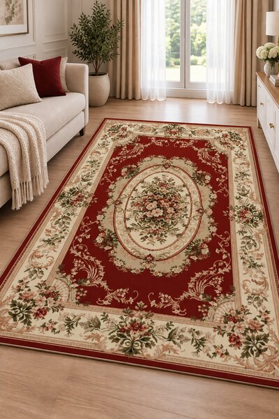 Covor Clasic Sufragerie Dormitor, Model Lotos 1557 210, Crem Rosu 120x200