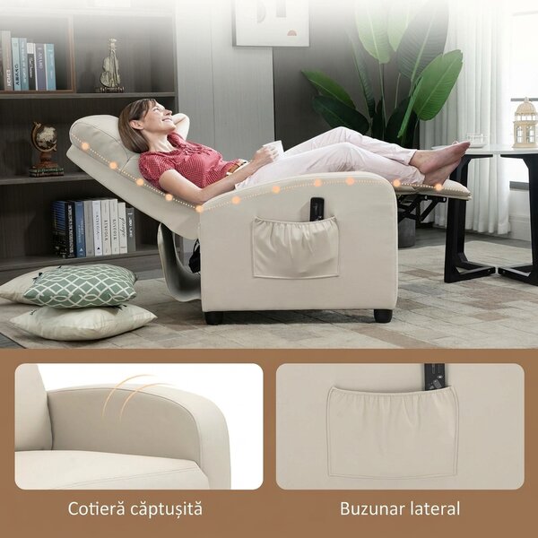 HOMCOM Fotoliu Masaj Rabatabil cu Funcție de Masaj, cu Suport pentru Picioare, Ideal pentru Relaxare, 68x88x98 cm, Crem