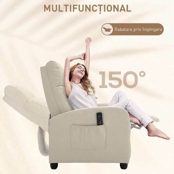 HOMCOM Fotoliu Masaj Rabatabil cu Funcție de Masaj, cu Suport pentru Picioare, Ideal pentru Relaxare, 68x88x98 cm, Crem