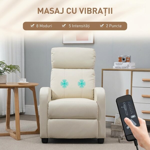 HOMCOM Fotoliu Masaj Rabatabil cu Funcție de Masaj, cu Suport pentru Picioare, Ideal pentru Relaxare, 68x88x98 cm, Crem