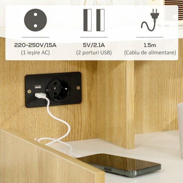 HOMCOM Noptieră Modernă cu Prize USB și Sertar, 40x40x60cm, Lemn Natural | Aosom Romania