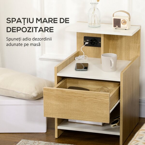 HOMCOM Noptieră Modernă cu Prize USB și Sertar, 40x40x60cm, Lemn Natural | Aosom Romania