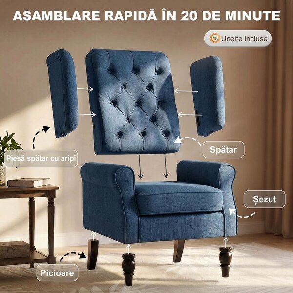 HOMCOM Scaun Decorativ Capitonat cu Spatar Inalt, Cotiere Rotunjite Captusite și Sezut cu Captuseala Groasa, Albastru | Aosom Romania