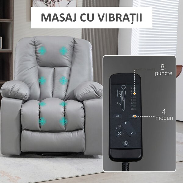 HOMCOM Scaun Electric Rabatabil cu 8 Puncte de Masaj și Telecomandă, Fotoliu Modern din Microfibră, 94x96x106 cm, Gri | Aosom Romania