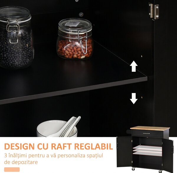 HOMCOM Cărucior de Bucătărie cu Sertar și Dulap cu 2 Uși, Insulă de Bucătărie cu roți și bară laterală, 83x45x91.5 cm, Negru | Aosom Romania