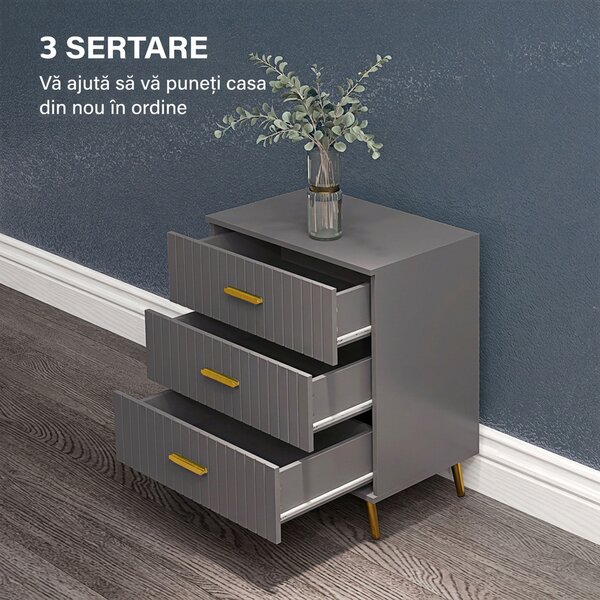 HOMCOM Comodă pentru Dormitor, Dulap Modern cu 3 Sertare, Sertar de Depozitare cu Picioare din Aluminiu, 60x40x71.5 cm, Gri Închis