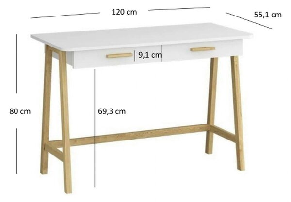 Birou BELLE, stejar/alb, PAL laminat, 120x55x80 cm