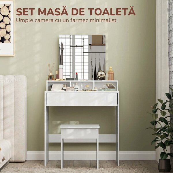 HOMCOM Masă de Toaletă cu Taburet, Masă de Machiaj cu Oglindă, 3 Rafturi, 2 Sertare, din Lemn, 75x38x135 cm, Alb | Aosom Romania