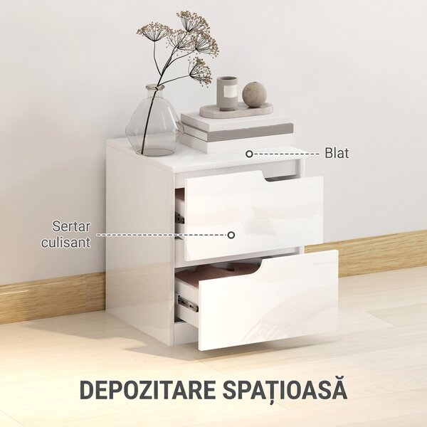 HOMCOM Noptieră Modernă cu 2 Sertare și Design Lucios, Noptieră pentru Dormitor din PAL, 40x40x48 cm, Alb Lucios | Aosom Romania