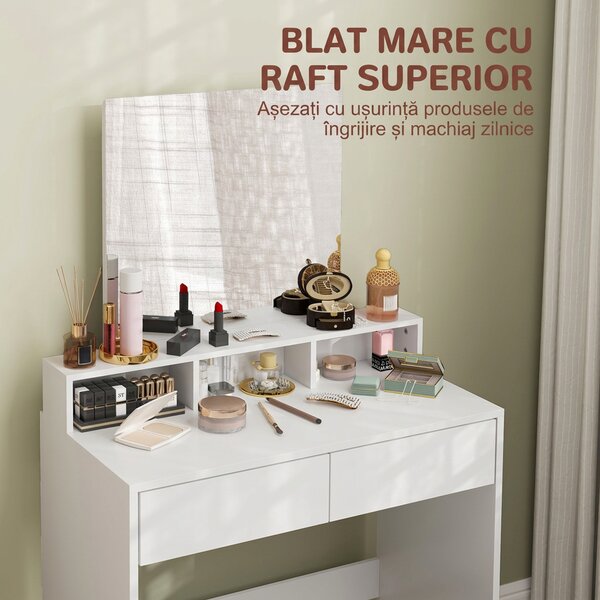 HOMCOM Masă de Toaletă cu Taburet, Masă de Machiaj cu Oglindă, 3 Rafturi, 2 Sertare, din Lemn, 75x38x135 cm, Alb | Aosom Romania