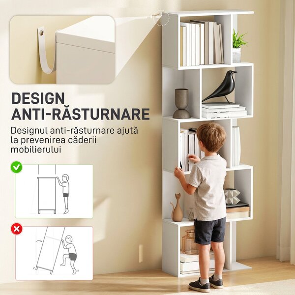 HOMCOM Raft pentru Cărți cu 5 Rafturi Separate, Bibliotecă în Formă de S din Lemn, 60x24x184,5 cm, Alb | Aosom Romania