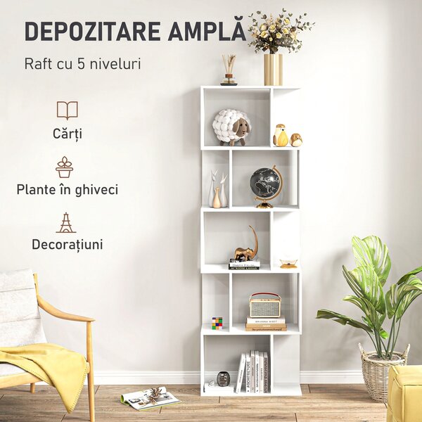 HOMCOM Raft pentru Cărți cu 5 Rafturi Separate, Bibliotecă în Formă de S din Lemn, 60x24x184,5 cm, Alb | Aosom Romania