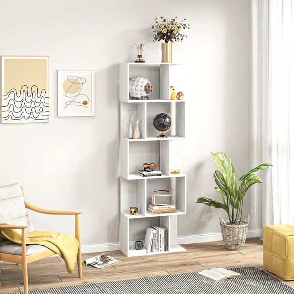 HOMCOM Raft pentru Cărți cu 5 Rafturi Separate, Bibliotecă în Formă de S din Lemn, 60x24x184,5 cm, Alb | Aosom Romania
