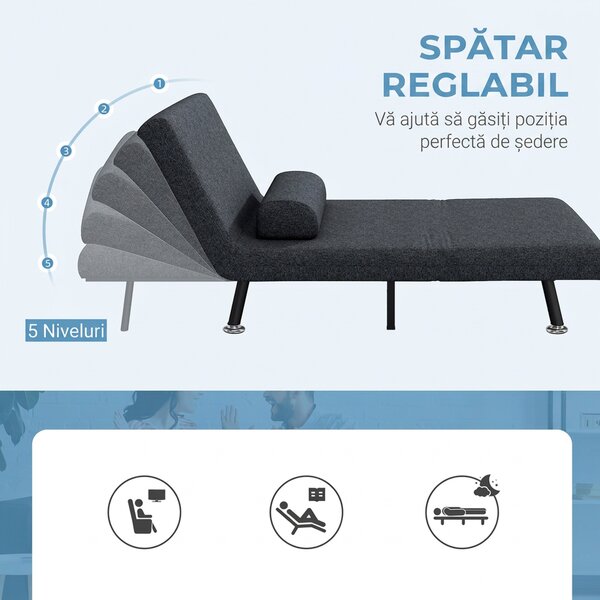 HOMCOM Fotoliu Pat 3 în 1 cu Spătar Reglabil pe 5 Nivele și Pernă, Canapea Pat Pliabilă, 75x70x75 cm, Gri Închis | Aosom Romania