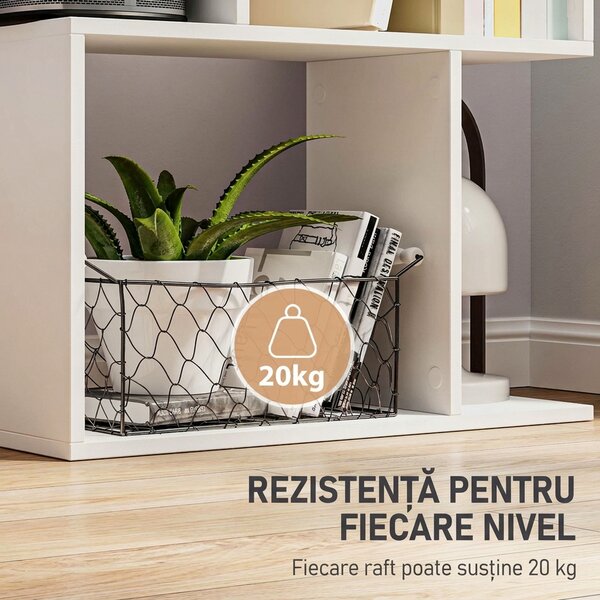 HOMCOM Raft pentru Cărți cu 5 Rafturi Separate, Bibliotecă în Formă de S din Lemn, 60x24x184,5 cm, Alb | Aosom Romania