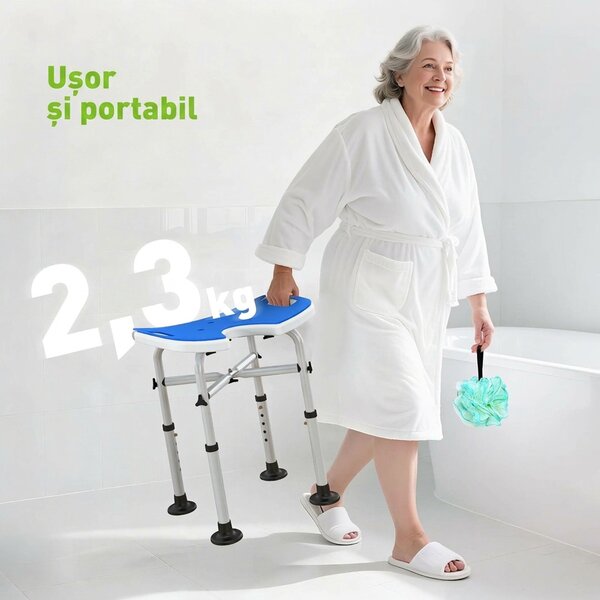 HOMCOM Taburet de Duș Reglabil pe Înălțime cu Mâner cu Ventuză și Picioare Antiderapante, 48,5x33x39-51,5 cm, Albastru | Aosom Romania