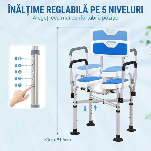 HOMCOM Scaun de Duș cu Spătar, Brațe, Șezut Canelatat, Bare de Ranforsare și Înălțime Reglabilă, 53x41,5x78,5-91,5 cm, Albastru | Aosom Romania