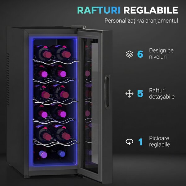 HOMCOM Frigider Termoelectric Dublu pentru 12 Sticle de Vin cu Ușă de Sticlă și Lumină LED, 26,5x51,5x65 cm, Negru | Aosom Romania