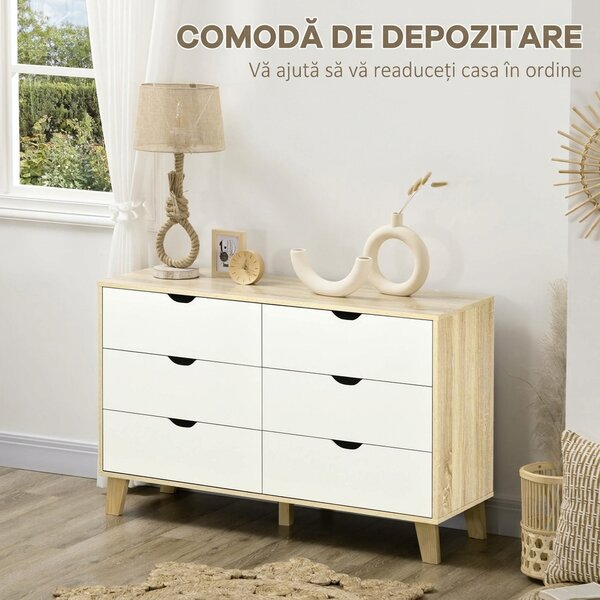 HOMCOM Comodă cu 6 Sertare, Mânere Sculptate și Picioare Trapezoidale, 120x40x76 cm, Lemn Natural | Aosom Romania