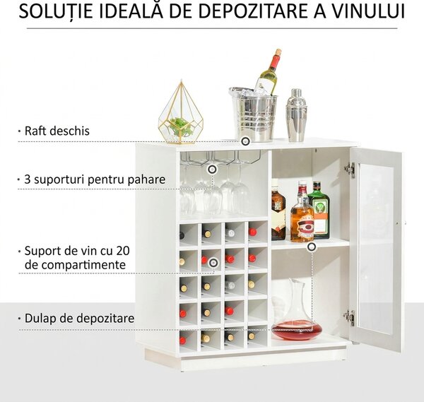 HOMCOM Dulap pentru Sticle cu Suport pentru Pahare și Sticle de Vin, 80x36x85 cm, Alb | Aosom Romania