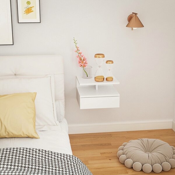 HOMCOM Noptieră Suspendată cu Sertar și Raft Superior din Lemn, 35x32x22,5 cm, Alb | Aosom Romania