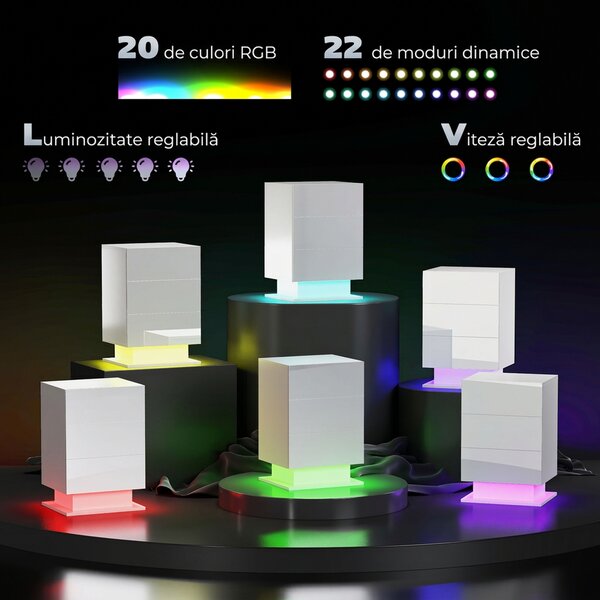 HOMCOM Noptieră cu Lumini LED Reglabile, 3 Sertare și Telecomandă, 40x35x60 cm, Alb | Aosom Romania