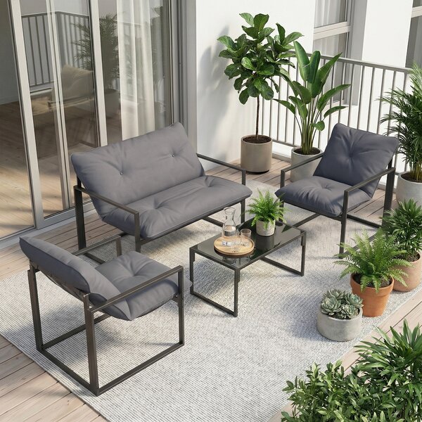 Outsunny Set Mobilier de Exterior cu Măsuță din Sticlă, Canapea, 2 Fotolii și Perne, Gri | Aosom Romania