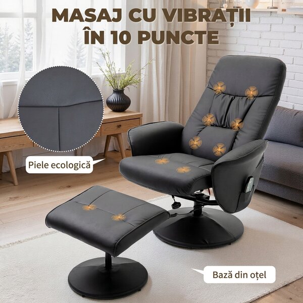 HOMCOM Fotoliu Relaxant cu Suport pentru Picioare, Reclinabil 145° cu Șezut Rotativ, cu 10 Puncte de Masaj, Negru | Aosom Romania
