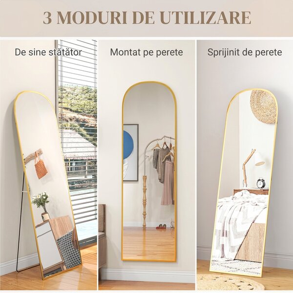 HOMCOM Oglindă de Podea și Perete cu Suport Pliabil, 50x161.5cm, Auriu | Aosom Romania