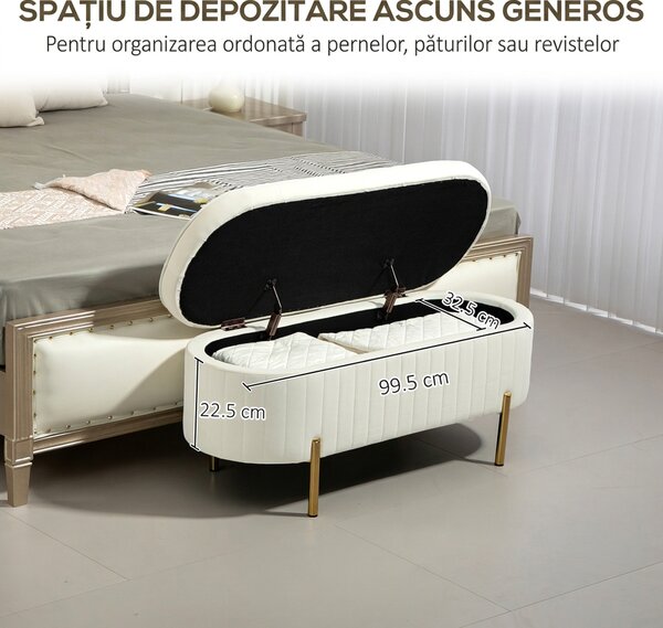 HOMCOM Bancă de Depozitare de Intrare Ovală 72L, Design Canelat cu Capac Rabatabil și Scaun Capitonat, Bancă de la Capătul Patului, Pouf, în Velur și cu Picioare din Lemn de Pin, 108x44x43.5 cm, Crem | Aosom Romania