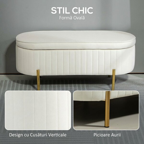 HOMCOM Bancă de Depozitare de Intrare Ovală 72L, Design Canelat cu Capac Rabatabil și Scaun Capitonat, Bancă de la Capătul Patului, Pouf, în Velur și cu Picioare din Lemn de Pin, 108x44x43.5 cm, Crem | Aosom Romania