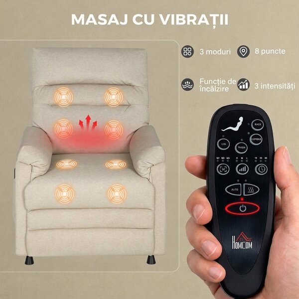HOMCOM Fotoliu Relaxant Electric cu Masaj și Încălzire, cu Suport pentru Picioare, Silențios, Reclinabil 150° în Material Catifelat Prietenos cu Animalele, cu Funcție de Memorare, 2 Telecomenzi pentru Sufragerie, Bej | Aosom Romania