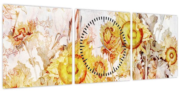 Tablou - Floarea-soarelui,pictură (cu ceas) (90x30 cm)