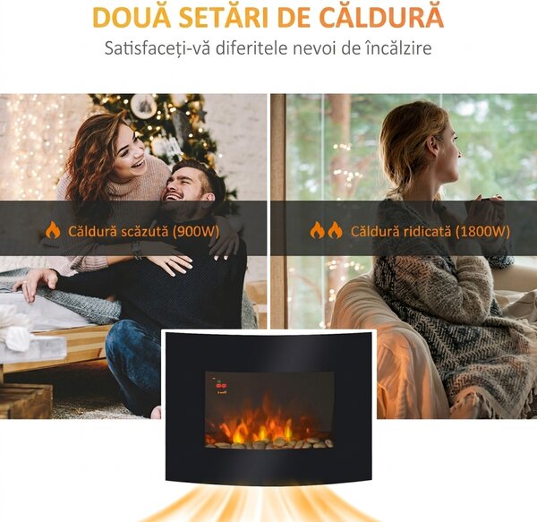 HOMCOM Șemineu Electric de Perete 900/1800W Încălzire cu Efect de Flacără 3D Reglabil, Șemineu Electric cu Lumină LED în 7 Culori, Telecomandă, Temporizator și Termostat, 30 m², Negru | Aosom Romania
