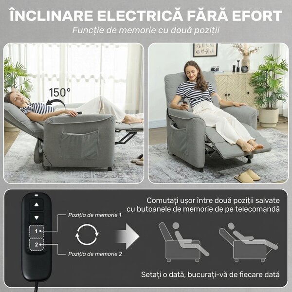 HOMCOM Fotoliu Relaxant Electric cu Masaj și Încălzire, Silențios, Reclinabil 150° în Cinilie cu Pernă, Funcție de Memorare, 2 Telecomenzi, Suport pentru Picioare, Pentru Living sau Birou, Gri Închis | Aosom Romania