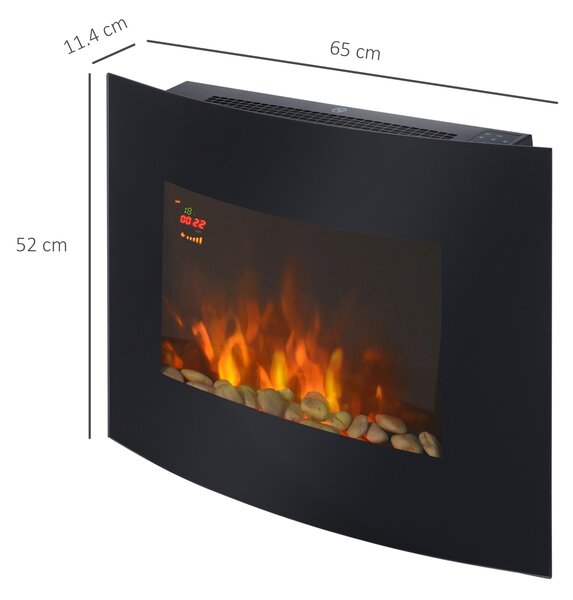 HOMCOM Șemineu Electric de Perete 900/1800W Încălzire cu Efect de Flacără 3D Reglabil, Șemineu Electric cu Lumină LED în 7 Culori, Telecomandă, Temporizator și Termostat, 30 m², Negru | Aosom Romania