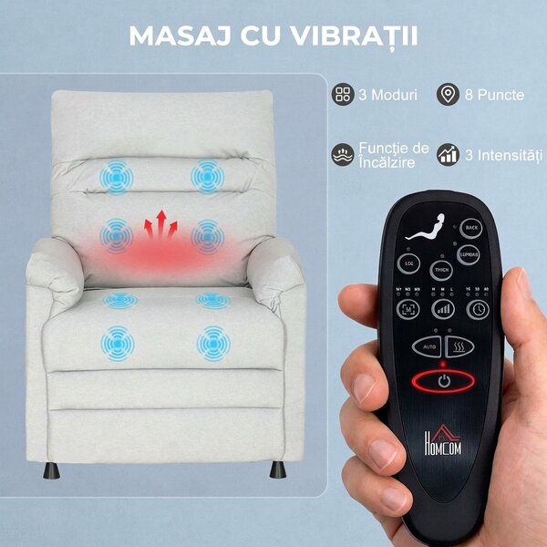 HOMCOM Fotoliu Relaxant Electric cu Masaj și Încălzire și Suport pentru Picioare, Silențios, Fotoliu Reclinabil 150° în Catifea Prietenoasă cu Animalele cu Funcție de Memorare, 2 Telecomenzi pentru Sufragerie, Gri Deschis | Aosom Romania