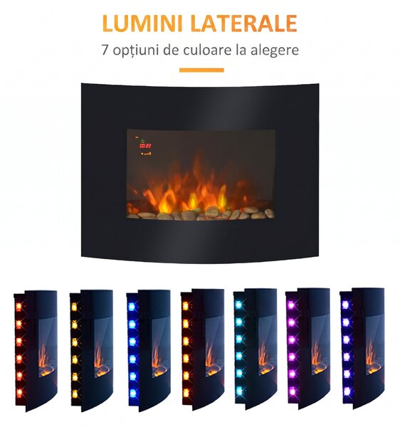 HOMCOM Șemineu Electric de Perete 900/1800W Încălzire cu Efect de Flacără 3D Reglabil, Șemineu Electric cu Lumină LED în 7 Culori, Telecomandă, Temporizator și Termostat, 30 m², Negru | Aosom Romania