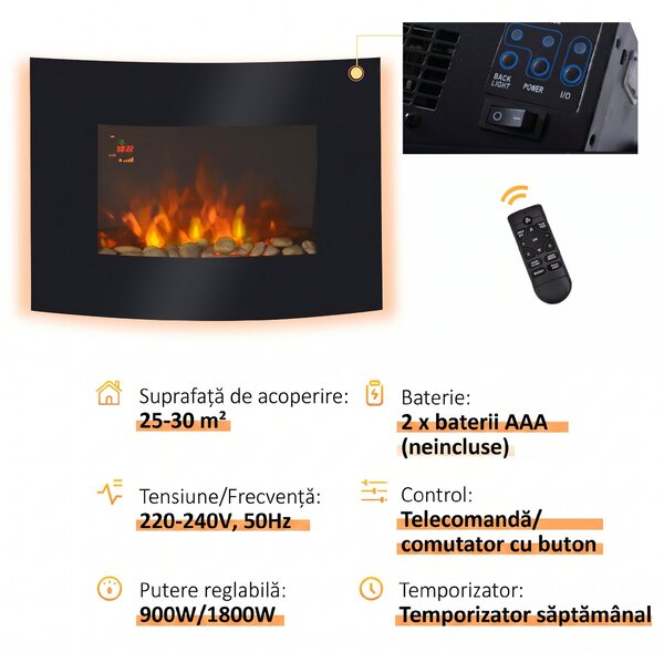 HOMCOM Șemineu Electric de Perete 900/1800W Încălzire cu Efect de Flacără 3D Reglabil, Șemineu Electric cu Lumină LED în 7 Culori, Telecomandă, Temporizator și Termostat, 30 m², Negru | Aosom Romania