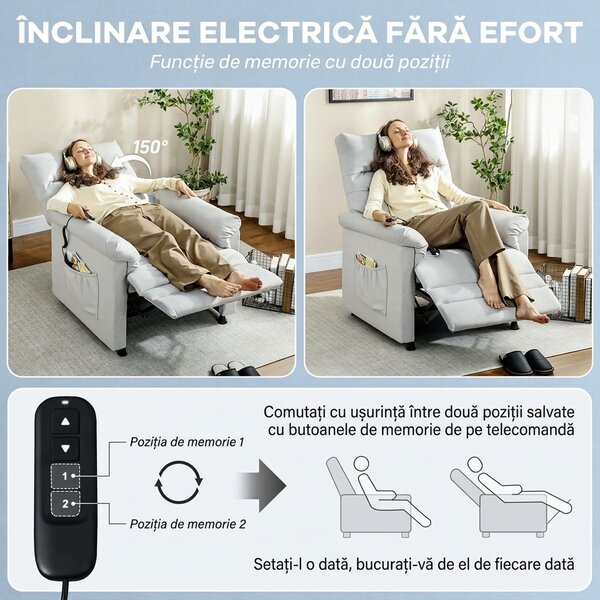 HOMCOM Fotoliu Relaxant Electric cu Masaj și Încălzire și Suport pentru Picioare, Silențios, Fotoliu Reclinabil 150° în Catifea Prietenoasă cu Animalele cu Funcție de Memorare, 2 Telecomenzi pentru Sufragerie, Gri Deschis | Aosom Romania