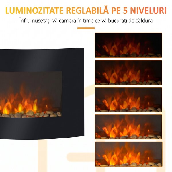 HOMCOM Șemineu Electric de Perete 900/1800W Încălzire cu Efect de Flacără 3D Reglabil, Șemineu Electric cu Lumină LED în 7 Culori, Telecomandă, Temporizator și Termostat, 30 m², Negru | Aosom Romania